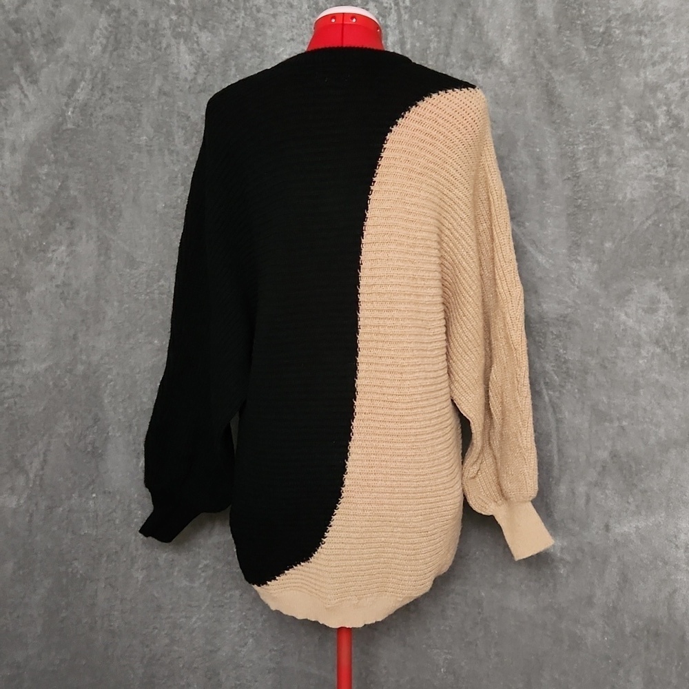 *Mud Pie Colorblock Chunky Knit Sweater Tunic Black Beige Balloon Sleeve Small - Picture 3 of 10
